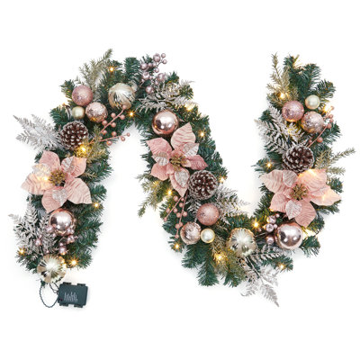 6ft Prelit Christmas Garland for Mantle, Battery Operated Xmas Garland with 20 LED Lights, Rose Gold