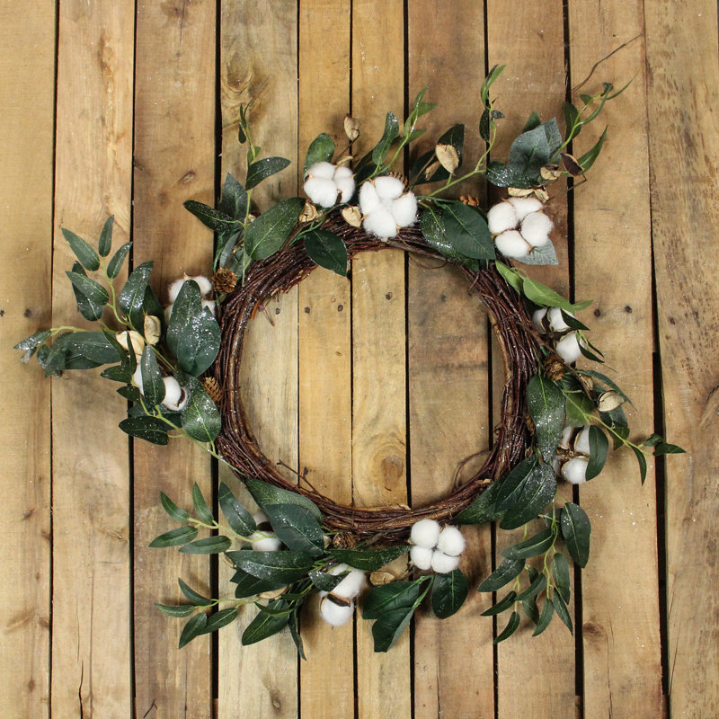 Couronne de fleurs blanches en coton avec brindilles printanières blanches 18 po