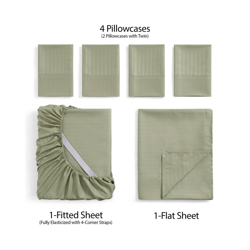 Ensemble de draps 6 pièces Dobby, Sauge / rayé, Ensemble de draps pour très grand lit californien