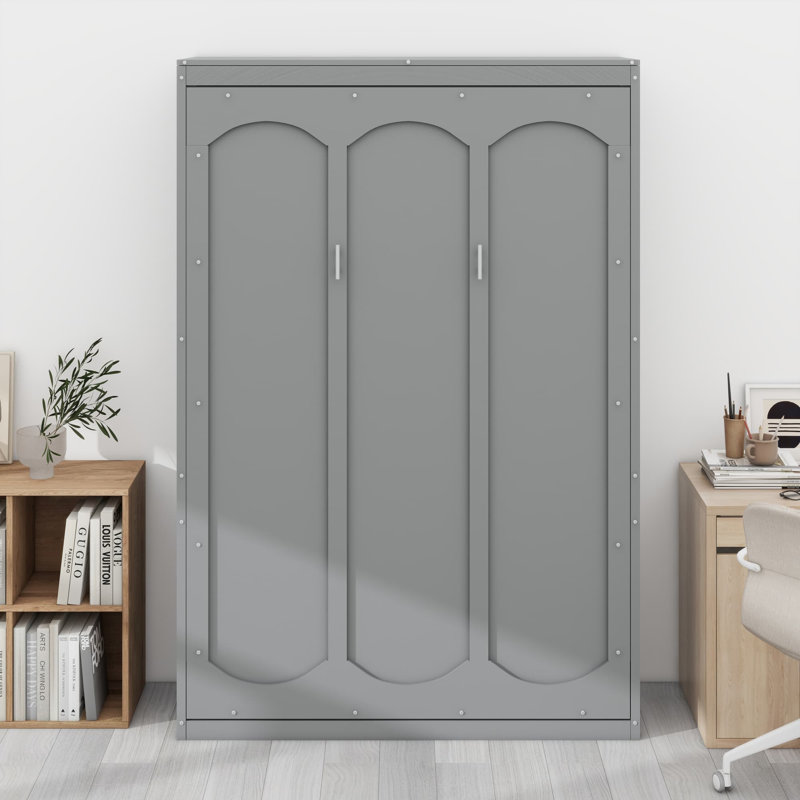 Murphy Bed Cabinet with Built-In Shelves & Hydraulic Lift, Gray, Full