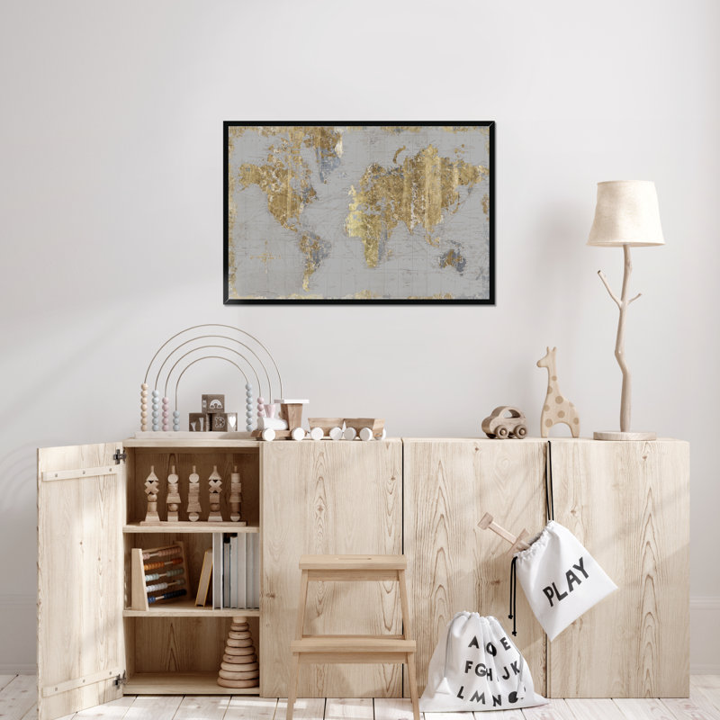 Gilded Map Light Grey by Wild Apple Portfolio - Print, 34cm H x 50cm W, Black Framed Paper Print