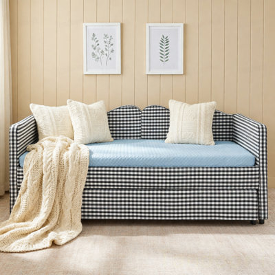 Lit de jour double, lit de jour rembourré en vichy équipé d'un cadre gigogne escamotable et d'une poche de rangement latérale, canapé-lit multifonctionnel en bois massif pour chambre d'enfant et chambre d'amis