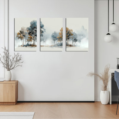 Ensemble de 3 tableaux aquarelle représentant un paysage d'arbres, sur toile tendue, pour la décoration du salon, de la chambre et de la maison.