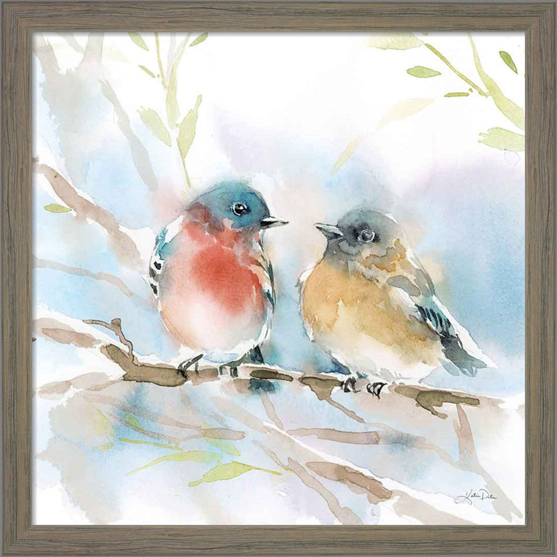 «Bluebird pair in Spring» par Katrina Pete, impression sur toile tendue, Grey Framed Wood, 13" H x 13" W x 1" D