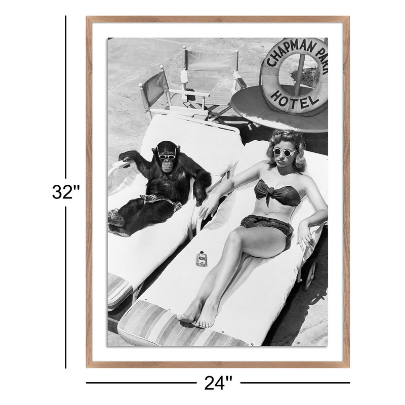 Woman Sunbathing With Chimpanzee Print by Getty Images, 32" H x 24" W, Rustic Walnut Framed