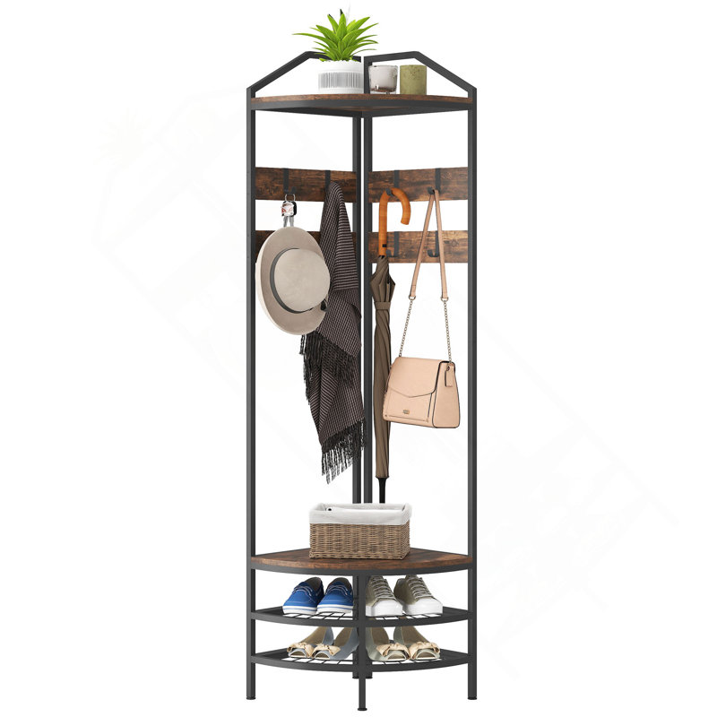 Coat Rack Corner Hall Tree, Industrial 4-Tier Coat Rack With Shoe Storage, 8 Movable Hooks And 2 Shelves