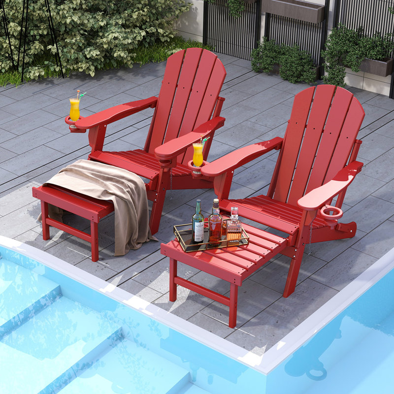 Set Of 2 Folding Adirondack Chair with Ottoman&Cup Holder, Red