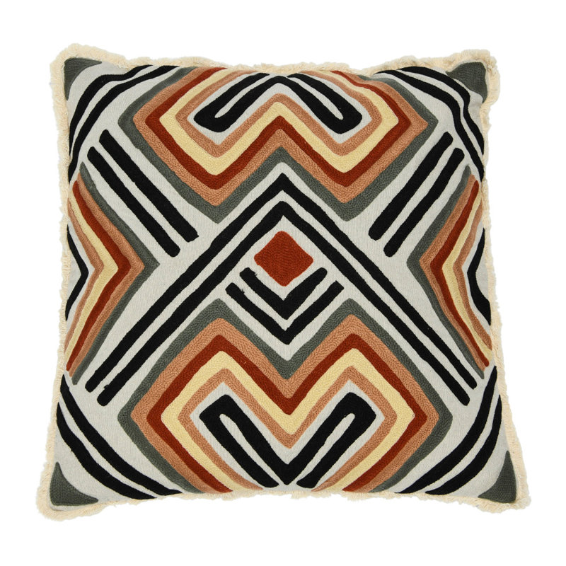 20" Square Beige Cotton Embroidered Pillow with Fringe