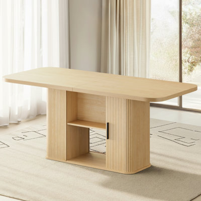 SUNCOZE 70in Dining Table for 4-6, Expandable Dining Leisure Table with Storage Shelves, 1.38" Thick Top, Scratch-Resistant, Natural Wood Finish, Mult