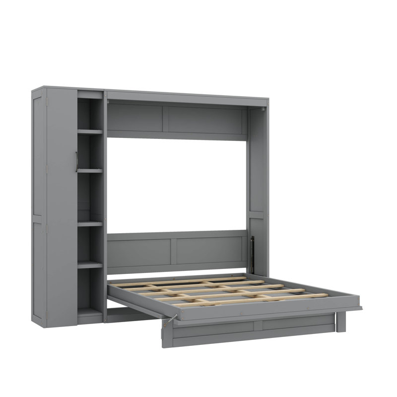 Lit escamotable double pleine grandeur avec tablettes, garde-robe et éclairage DEL, Gris, Lit double