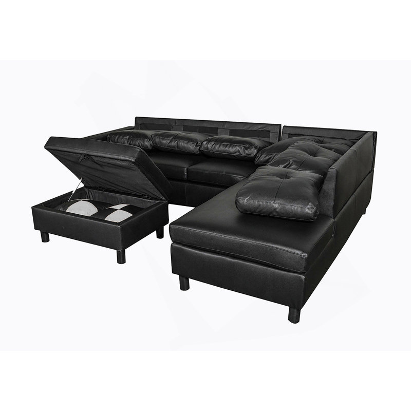 Ensemble de canapé modulaire, canapé en similicuir avec repose-pieds et rangement libre, Similicuir noir
