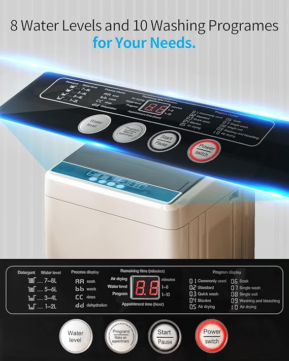 17.6lbs Full-Automatic Washing Machine,  2-in-1 Portable Washer-Dryer(1.7 Cu Ft Portable Washer) With Drain Pump, 10 Wash Programs 8 Water Levels, Compact Mini Washer And Spin-dryer Combo For Dorms, Apartment, RV (Brown)