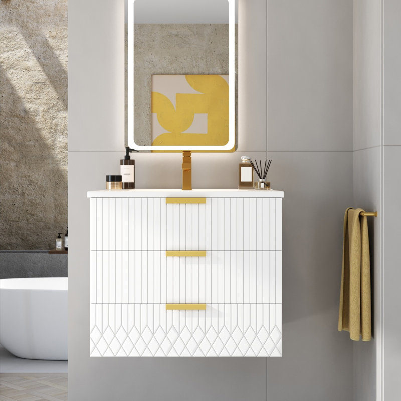 Meuble-lavabo mural flottant avec lavabo en céramique et double tiroir, Blanc