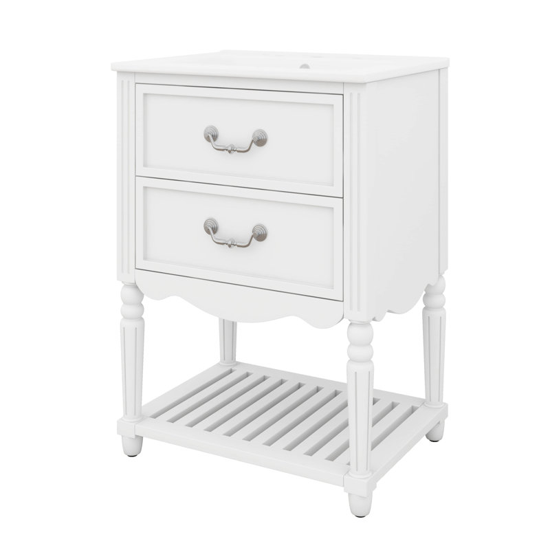 Meuble-lavabo de 24 po avec lavabo en céramique, armoire de rangement moderne avec deux tiroirs et une tablette ouverte