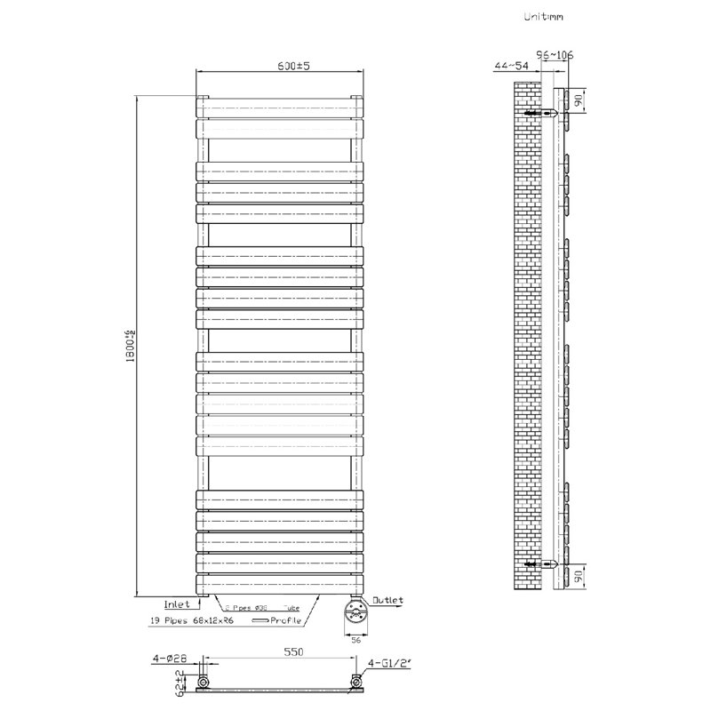 Flat Panel Towel Rail Heated Towel Rails, 180cm H x 60cm W x 6.2cm D, Black