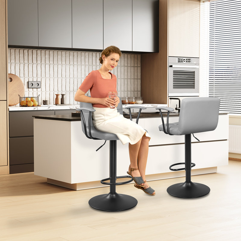 Tabourets de bar pivotants à hauteur réglable en cuir synthétique à double aiguille avec dossier et accoudoirs, Gris clair