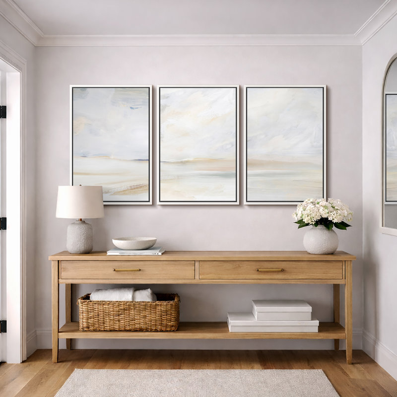 «Minimal Landscape», Mere Serene Coastal Beach, H 24 po x l 48 po, Blanc