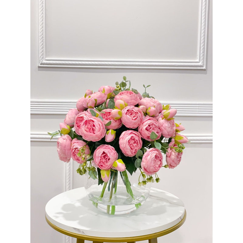 White Peony Faux Centerpiece In Glass Vase, Pink