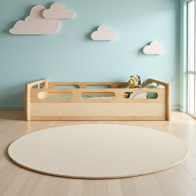 Floor Platform Bed With Full-Length Guardrails, Low Profile Bed Frame With Wood Slats Support, No Box Spring Needed