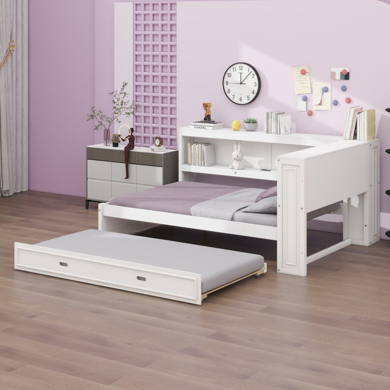 Lit de jour avec tablettes de rangement, USB, DEL et lit gigogne, blanc