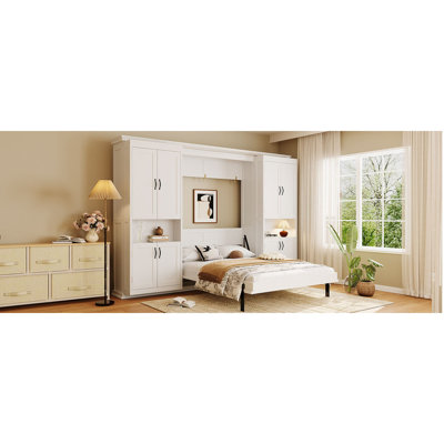Lit escamotable pleine grandeur avec armoires de rangement coulissantes doubles, conception de lit mural caché, deux tablettes latérales à 6 niveaux, système de lit mural à grande capacité pour les maisons modernes et les pièces multifonctionnelles - blanc