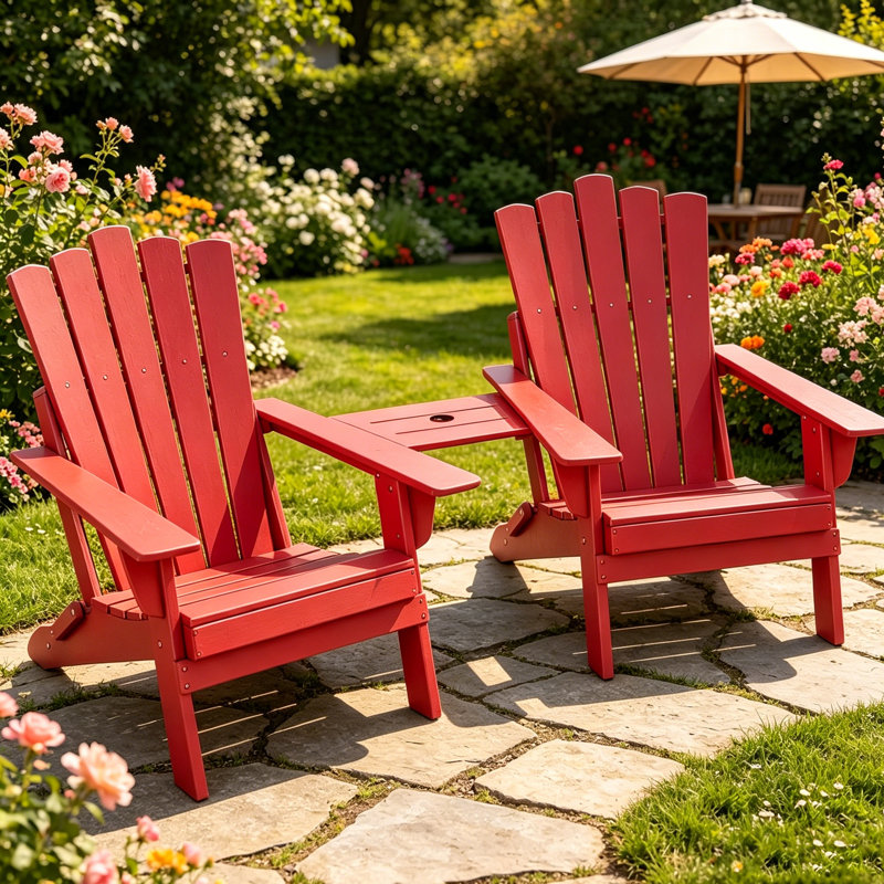 Set Of 2 Folding-Adirondack-Chairs With Connecting Tray, Red