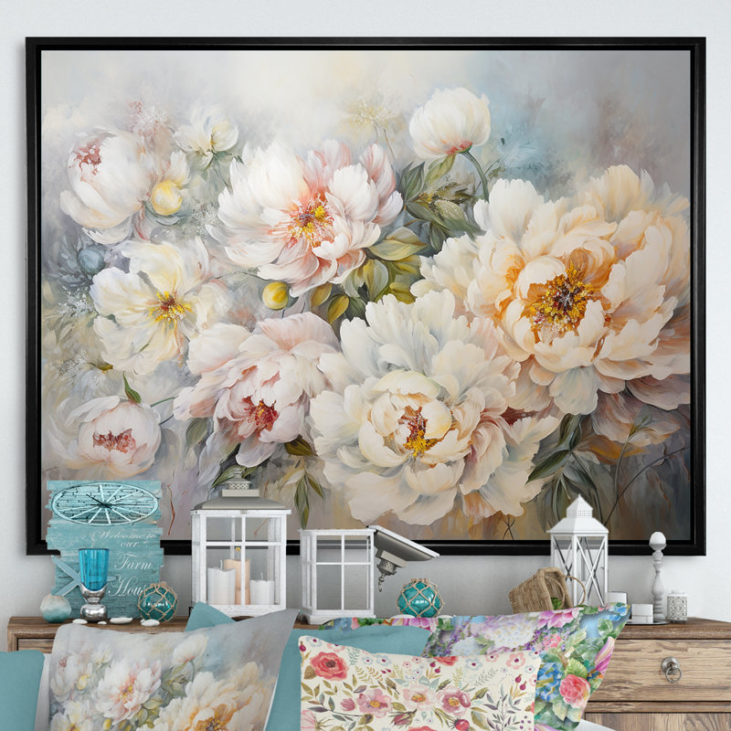 Reproduction sur toile de pivoines blanches, H 24 po x l 32 po x P 1 po, Cadre flottant noir