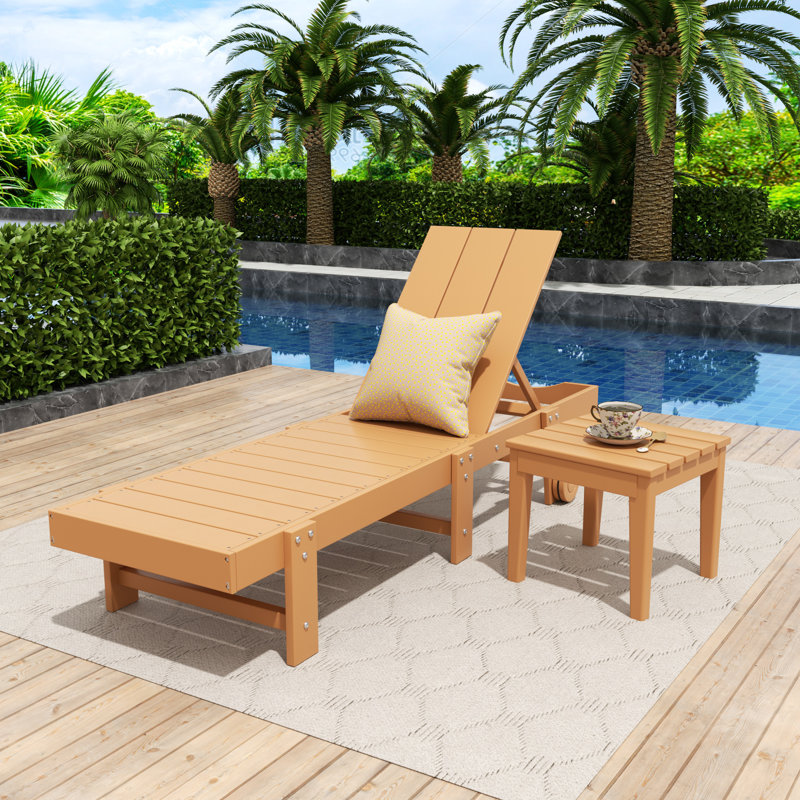Joubert 77.6" Long Outdoor All-Weather Poly Reclining Single Chaise with Table, Teak