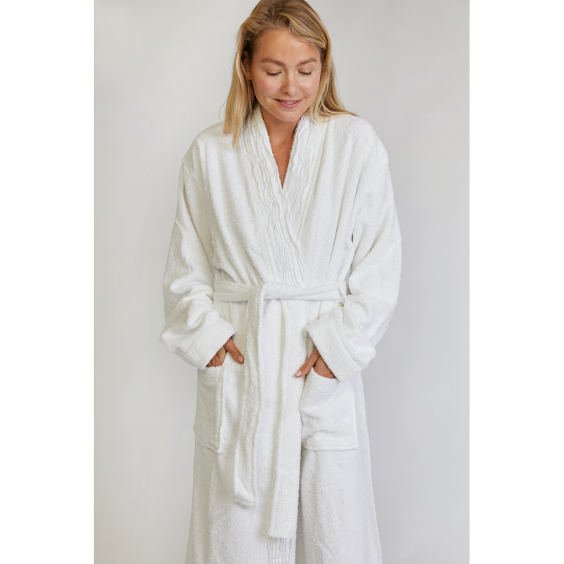 Pleated Turkish Cotton Terry Bathrobe – 100% Cotton Robe with Pockets, Large / Extra Large, Pure White