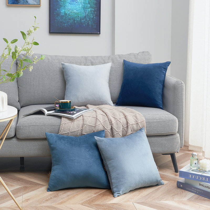 Ensemble de 4 coussins décoratifs en velours, couleurs contrastantes, Bleu, Carré 20 po
