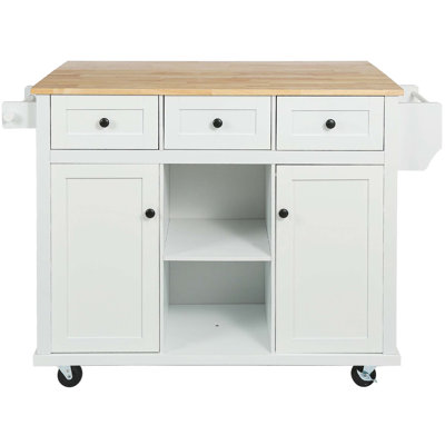 Kitchen Cart with Rubber wood Drop-Leaf Countertop ,Cabinet door internal storage racks,Kitchen Island on 5 Wheels with Storage Cabinet and 3 Drawers for Dinning Room
