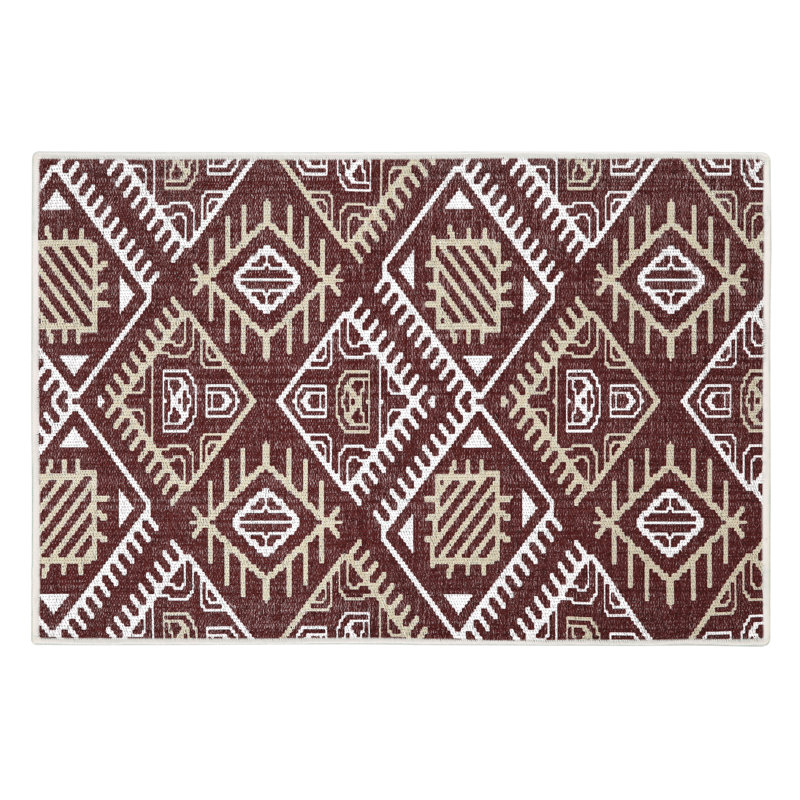 Ailt Geometric Non-Skid Kitchen Mat, Red