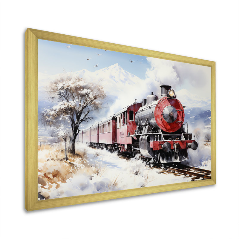 Rouge et blanc, magnifique train de campagne - train, art mural, Cadre doré à coins fermés, H 24 po x l 32 po x P 1 po