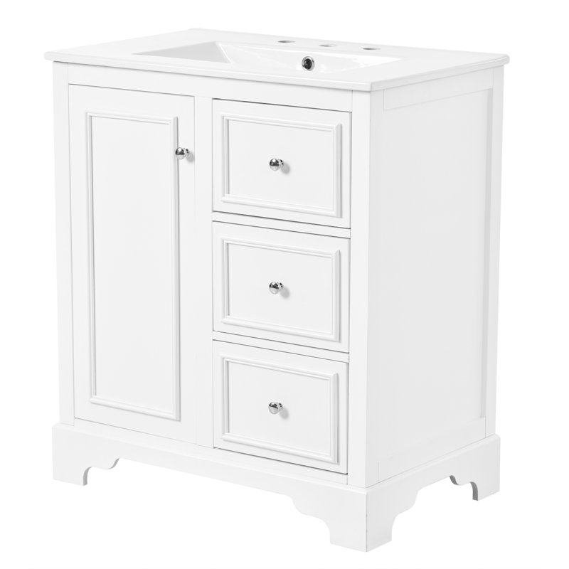 Bathroom vanity cabinet with ceramic basin, adjustable shelves, White