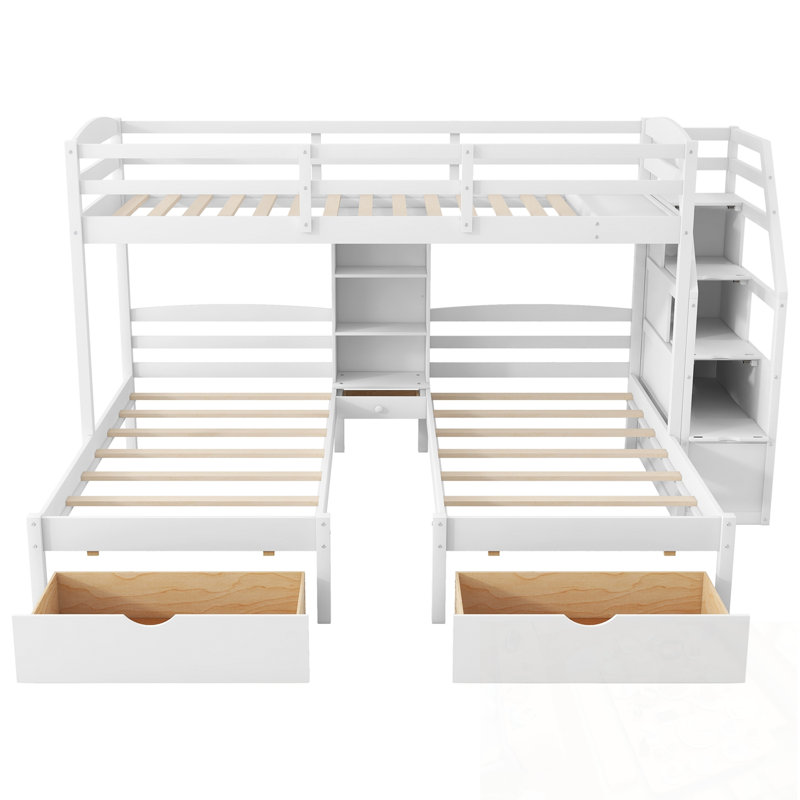 Lit superposé simple au-dessus de simple et simple avec tiroirs, escalier avec rangement et tablettes intégrées, Blanc