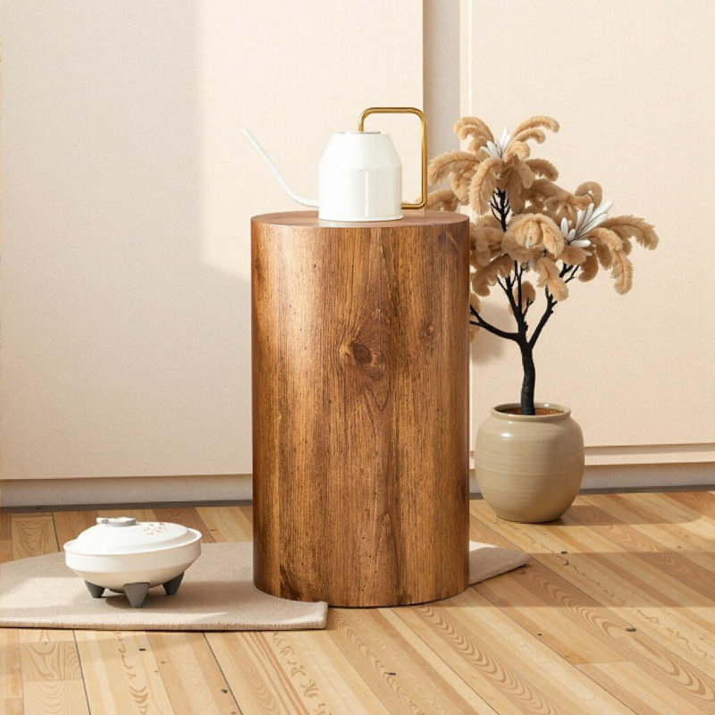 Table de bout cylindrique moderne avec motif à motif - Table d'appoint polyvalente à finition bois pour le salon, le bureau ou la salle à manger