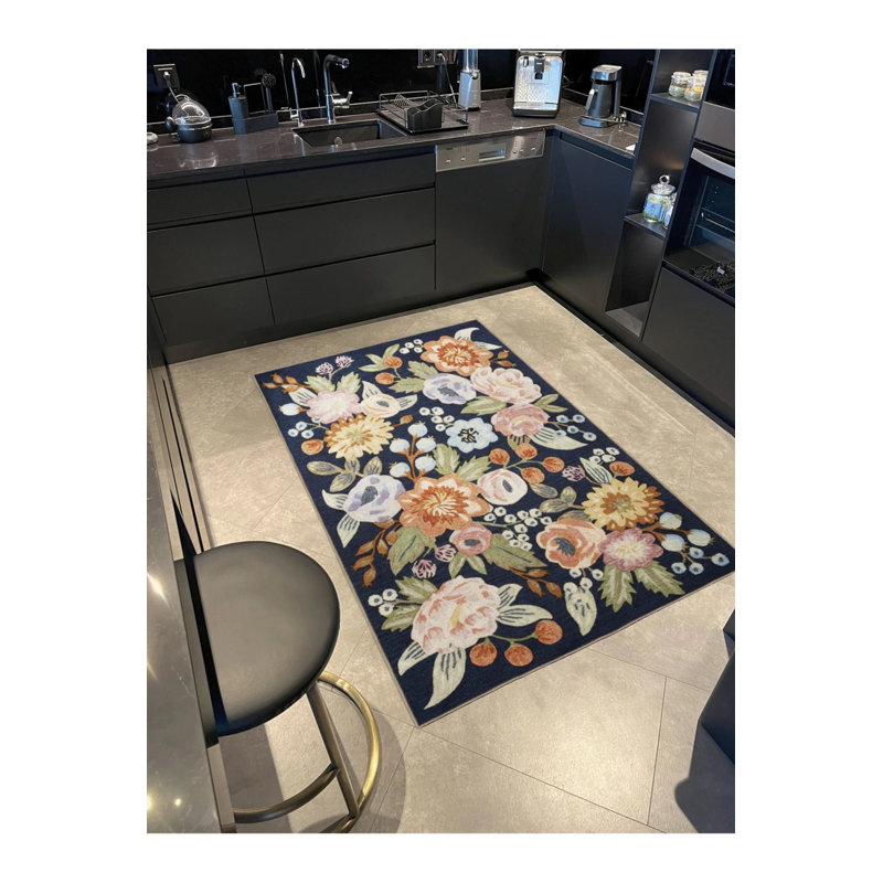 Navy Blue Themed Floral Multicolored Flower And Rose Patterned Modern Decorative Carpet, Rectangle 4'8" x 6'7"