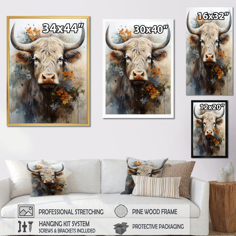 Profil floral de yak sur toile, Cadre doré simple, H 20 po x l 12 po x P 1 po