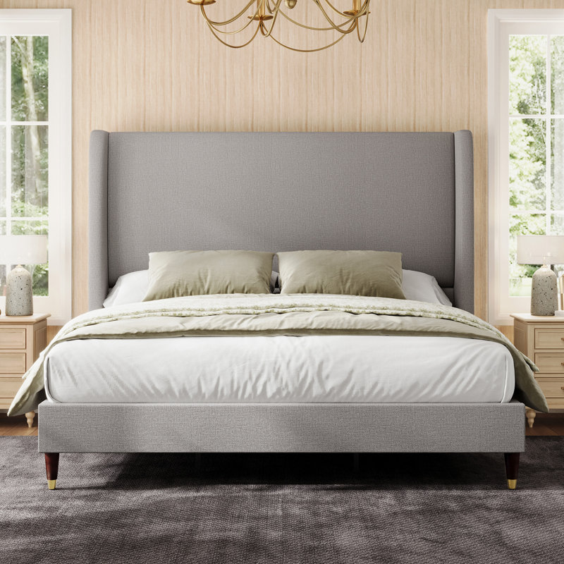 Belo Full Light Gray Upholstered Wingback Platform Bed, Light Gray, Full