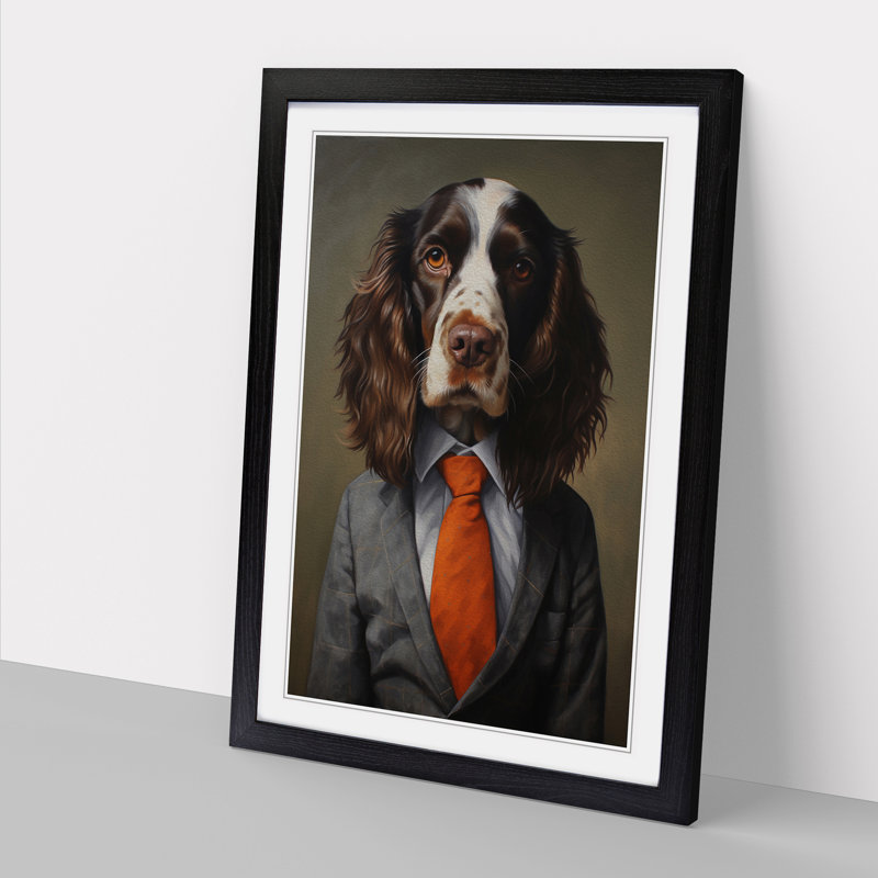 English Springer Spaniel In A Suit - Single Picture Frame Print on Wood, 34cm H x 25cm W, Black Framed