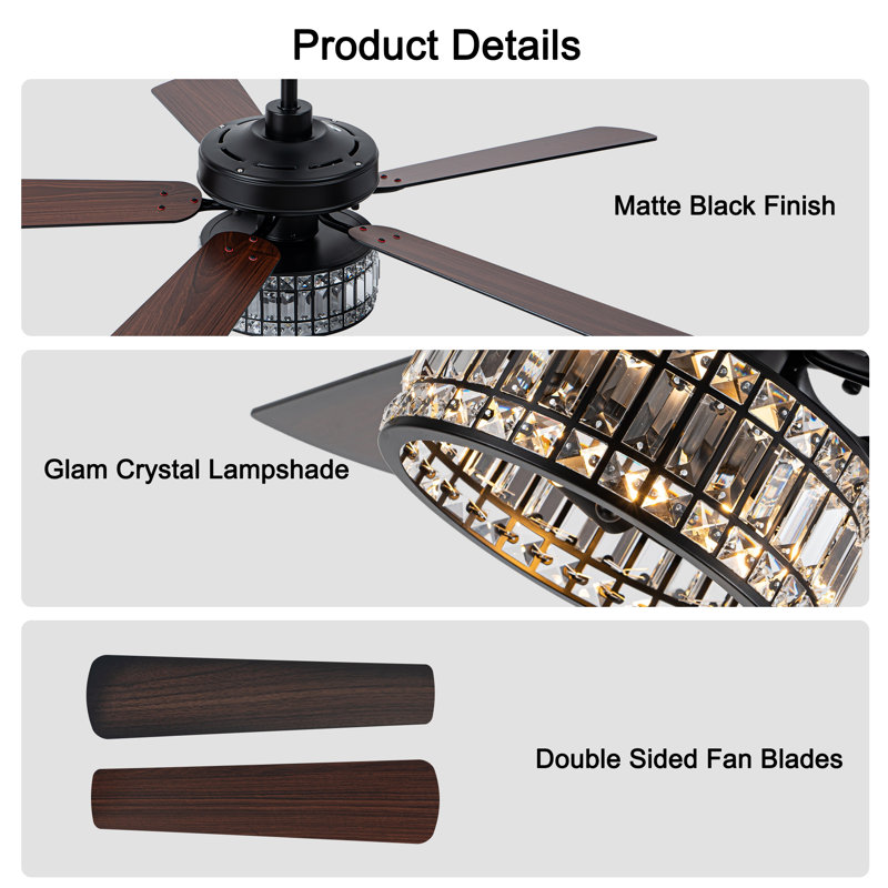 Ventilateur de plafond en cristal 60 "avec lumières et télécommande, moteur CC réversible à 6 vitesses, minuterie, pour chambre à coucher