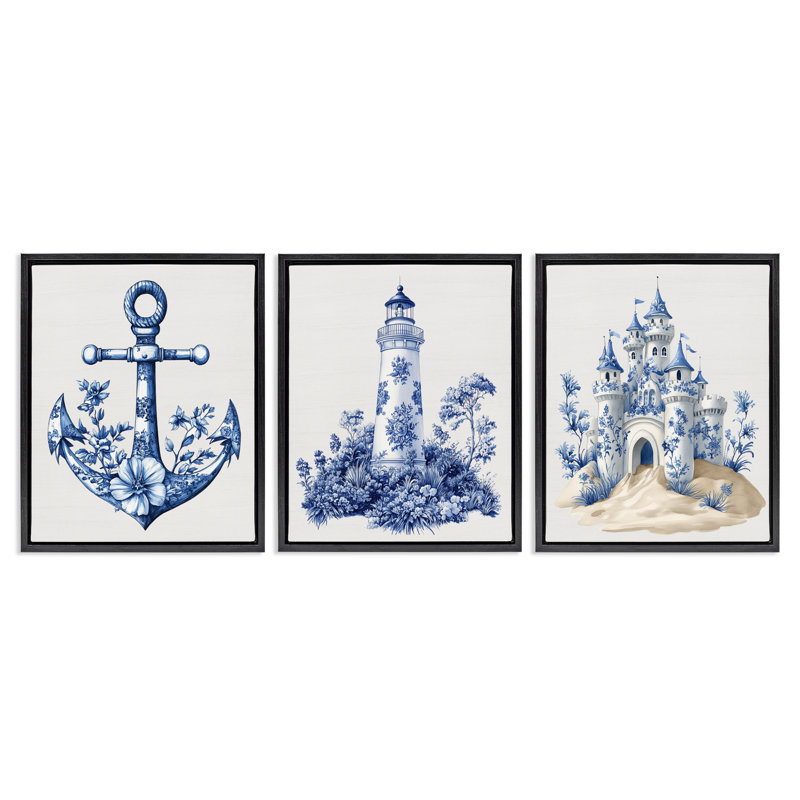 Ornate Nautical Toile Patterns 3pc Floating Frame Set, design by Lettered and Lined, Jet Black Floater Frame, 21" H x 17" W