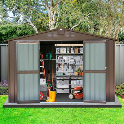 Abri de jardin en métal 3 x 2,4 m - Porte double verrouillable, étanche et coupe-vent, marron, pour le rangement extérieur sur la pelouse ou le jardin. Construction robuste.