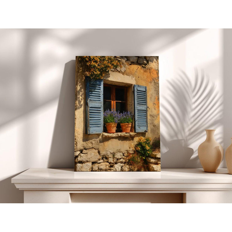 French Country Window Canvas: Provence Farmhouse, Lavender Pots, Cottagecore Wall Art, 24" H x 16" W