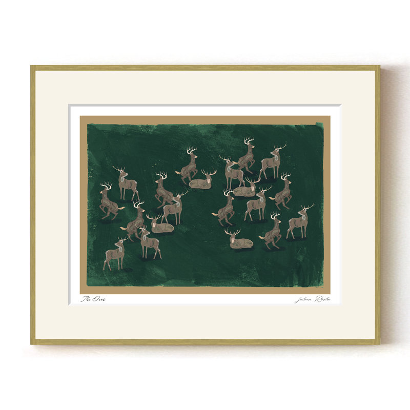 Mod-Ensemble The Deer par ChiChi - impression d'art minimaliste vert foncé avec cerfs | H 36 po x l 48 po | Cadre doré, Doré