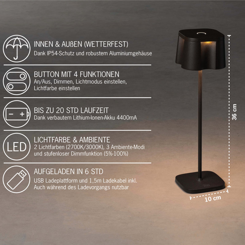 Nice Cordless Table Lamp - USB Rechargeable, Dimmable LED, 3 Modes, Sleek Design, Black