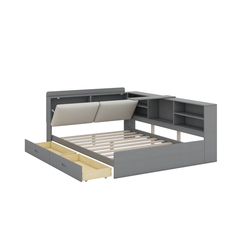 Lit plateforme double avec tête de lit, tiroirs et tablettes, gris