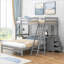 Petit lit superposé simple au-dessus d'un lit double en bois massif avec bureau intégré et trois tiroirs de rangement-129385600