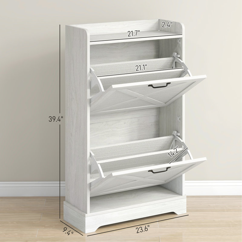 Slim Entryway Shoe Storage In Style - 2 Flip Drawers & Adjustable Shelves For 8 Pairs, Distressed White Stand, Shelves, Fits Design