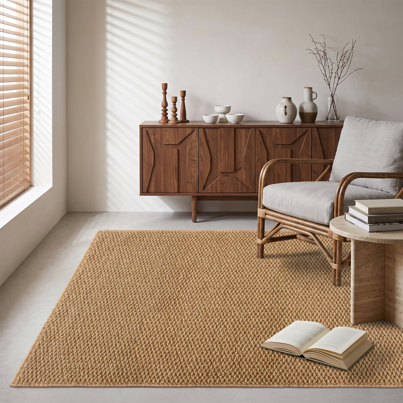 Tapis berbère bouclé à poils ras, neutre, antidérapant et lavable, couleur beige/brun, Rectangle 9 pi x 12 pi